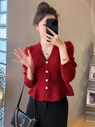 小香风红色毛衣外套女2023秋冬设计感气质，显瘦针织开衫上衣