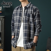 Jeep吉普长袖衬衫男士春季宽松运动休闲寸衫潮流格子衬衣外套男装