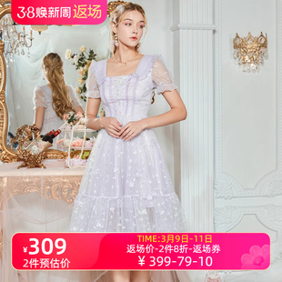 艾丽丝2024年夏季裙子女设计感小众紫色刺绣甜美公主裙连衣裙