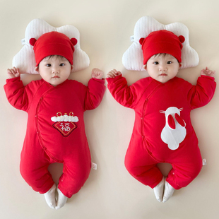 新生婴儿衣服过年喜庆冬季男女，宝宝连体衣大红棉服，婴儿百天拜年服