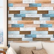 地中海复古加厚蓝色3d木纹，墙纸背胶防水地板贴前台背景墙木板贴纸