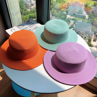 彩色圆顶平顶小檐单色草帽跨境流行光身法式沙滩帽遮阳透气 帽子