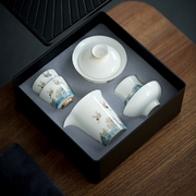 祥鹤观海羊脂玉描金白瓷旅行茶具户外便携茶具盖碗茶杯功夫茶整套