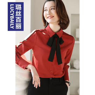 红色蝴蝶结衬衫女长袖，时尚洋气复古雪纺系带衬衣，2024打底职业上衣