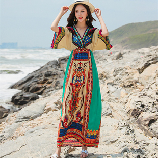 云南旅游穿搭泰国民族风，连衣裙子三亚海边度假沙滩，裙波西米亚长裙
