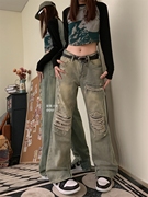 甜氧少女 国潮美式小众设计感刮烂破洞贴布牛仔裤宽松直筒长裤子