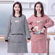 加厚棉布罩衣家用厨房，做饭长袖围裙，韩版女时尚格子防污带袖工作服