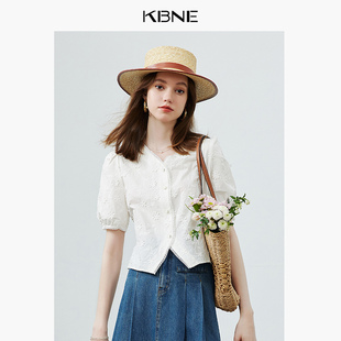 KBNE衬衫女V领蕾丝拼接独特别致白色上衣2024夏季短袖衬衣