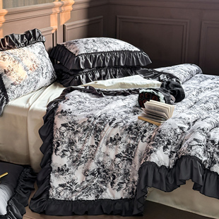 罗曼蒂克︱法式复古风质感天丝棉四件套水墨印花浪漫花边被套床品