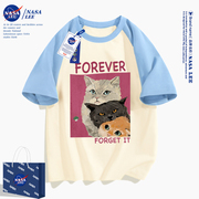 耐克顿NASA联名夏季潮牌猫咪蓝杏短袖t恤女美式原创学院风百搭显