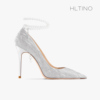 hltino2024银色尖头高跟鞋女细跟珍珠绑带，婚鞋秀禾婚纱新娘鞋