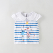 2023夏季女童短袖T恤纯棉宝宝可爱娃娃领卡通条纹印花儿童装上衣