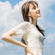 白色蕾丝连衣裙女夏镂空收腰显瘦v领气质，修身a字裙法式甜美连衣裙