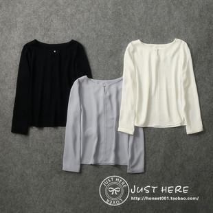 日本原单2023女式简洁圆领纯色衬衫出口外贸套头衫皱褶雪纺衫