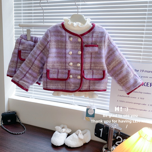 韩国童装2024冬季女童洋气，双排扣紫色，毛呢加厚外套短裤二件套