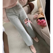 韩国春季 少女系甜妹粉色丝带蝴蝶结镂空花苞浅色牛仔裤长裤