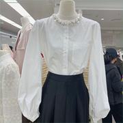 广州APM春季法式高级感钉珠圆领排扣白色衬衣百搭灯笼袖宽松上衣