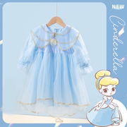 迪士尼童装女童连衣裙2024春季甜美可爱娃娃领公主网纱蓬蓬裙