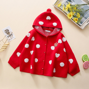女童春秋双层加厚毛衣连帽斗篷，儿童宝宝针织，开衫外套披风红色白点