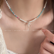 彩色串珠碎银子珍珠项链，女款夏天蝴蝶结，锁骨链轻奢小众高级感颈链