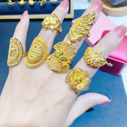 镀金色欧美夸张食指沙金戒指，女活口可调节时尚高级法式复古大戒指