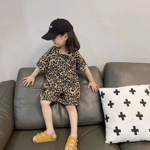 女童衬衫豹纹两件套儿童韩系夏装套装2024男孩宝宝夏季衣服潮