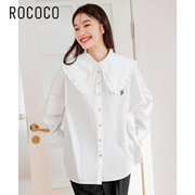 洛可可/ROCOCO夏季通勤花边娃娃领衬衫女宽松长袖开叉白色棉上衣
