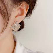 法式满钻菱形耳钉女s925银针气质时尚轻奢百搭超闪设计感小众耳环