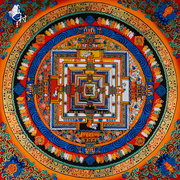藏村手绘坛城唐卡，装饰画棕色实木画框正方形木质，相框玄关客厅挂画