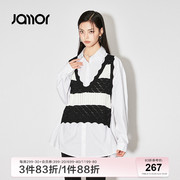 Jamor时尚假两件衬衫女2024春季黑白图案长袖拼接上衣加末
