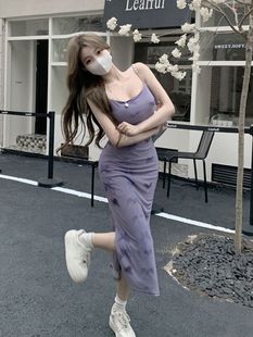 紫色网纱吊带连衣裙女夏季纯欲性感包臀绝美中长裙显身材抹胸裙子