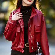 秋季 红色女春秋感小个子休闲短款西装外套PU黑色长袖皮衣