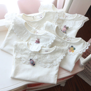 女童打底衫春秋款女宝宝娃娃领白色，婴儿翻领长袖，t恤儿童韩版上衣