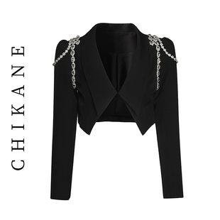 CHIKANE 设计感小众短款黑色西服外套女重工钻链大翻领长袖西装潮