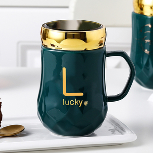 创意马克杯带盖陶瓷咖啡喝水杯女男生办公室情侣，大容量家用茶杯子