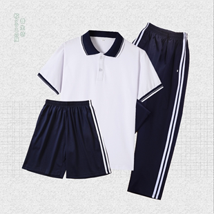中小学生校服夏套装白色t恤深蓝色翻领两白边直筒夏裤团体服夏季