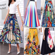 Printed high waisted pleated half length skirt百褶半身长裙女