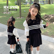 女童假两件毛衣2024儿童韩版打底衫上衣女宝宝春装条纹针织衫