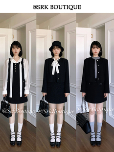 srk高级感黑色显瘦小香风套装女秋冬短款外套背心裙短裙三件套
