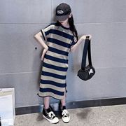 巴克拉中大童女童，裙子2024年夏季韩版宽松中长款条纹连衣裙