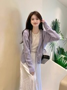 紫色镂空毛衣外套女2024春夏韩版温柔风气质马海毛针织衫上衣