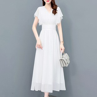 雪纺连衣裙女夏2023温柔风，荷叶袖显瘦白色长裙，气质女神范裙子(范裙子)