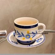 蓝色手绘复古小众陶瓷咖啡杯碟小花花马克杯韩国风摆拍杯碟餐厅