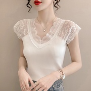 短袖女修身白色蕾丝花边，镂空时髦洋气性感打底衫，t恤上衣夏t衫
