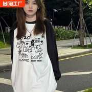 韩版t恤女士长袖，印花卡通图案，圆领宽松套头休闲上衣中长款