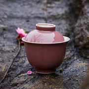 豇豆红家用薄胎三才盖碗，茶壶手绘双线泡茶碗，中式仿古功夫茶具