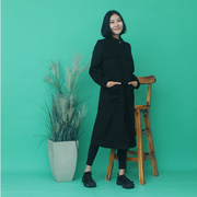 布麻范原创设计黑色羊毛，呢子英伦制服帅气立领，中长款外套舒志