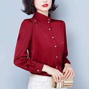 红色立领刺绣长袖衬衫女2024春季妈妈装气质减龄漂亮小衫上衣