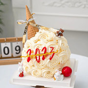 小红书同款2023新年蛋糕亚克力装饰 红色蝴蝶结跨年蛋糕插牌插件