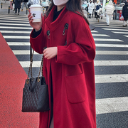 红色大衣女秋冬毛呢外套女2025新款本命红呢子大衣外套女长大码mm